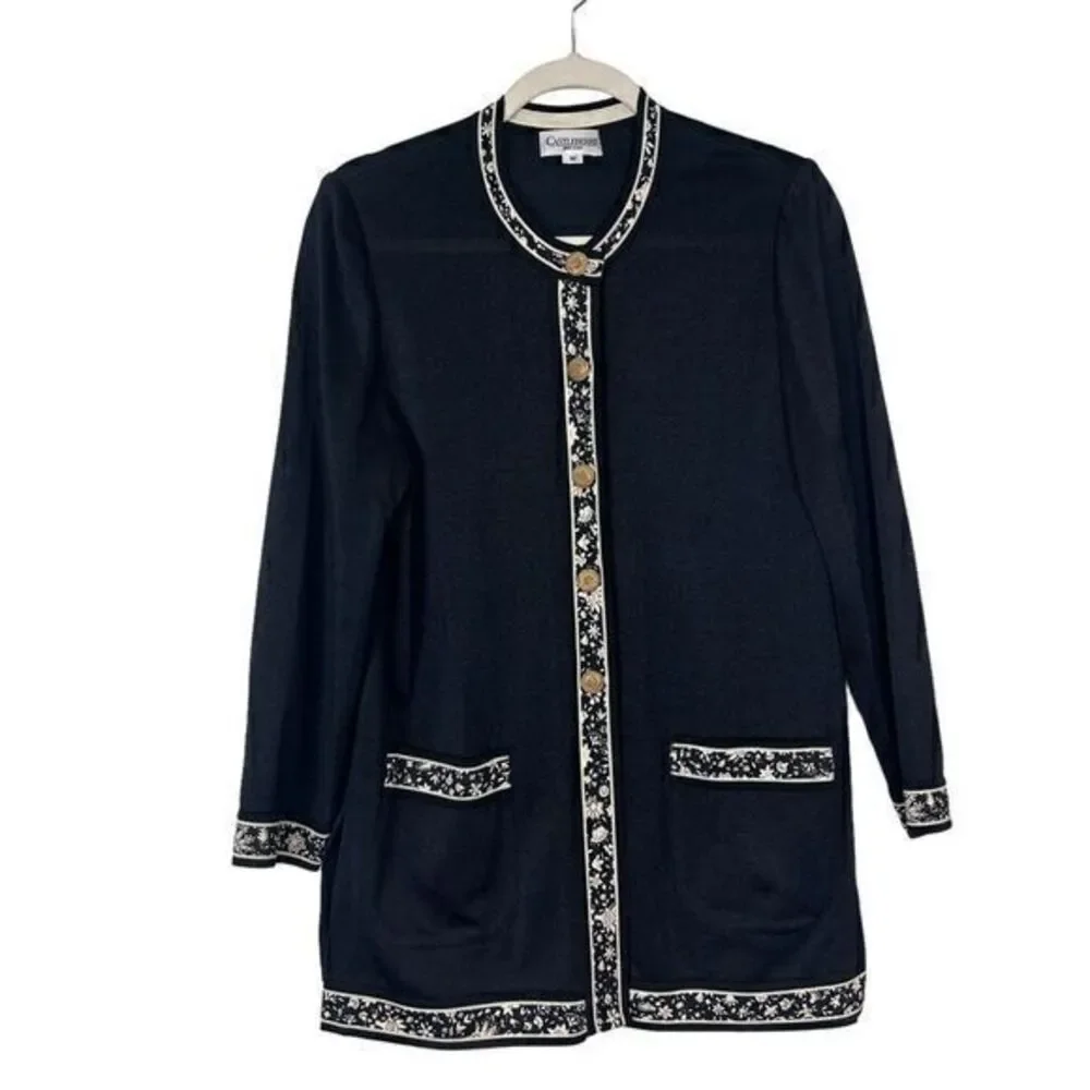 Castleberry Vintage Long Cardigan Sweater Women's Large Black Gold Button Floral